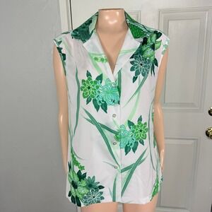 Vintage 70s Greencastle Women's Shirt Top 16 hawaiian Polyester Floral Button W1